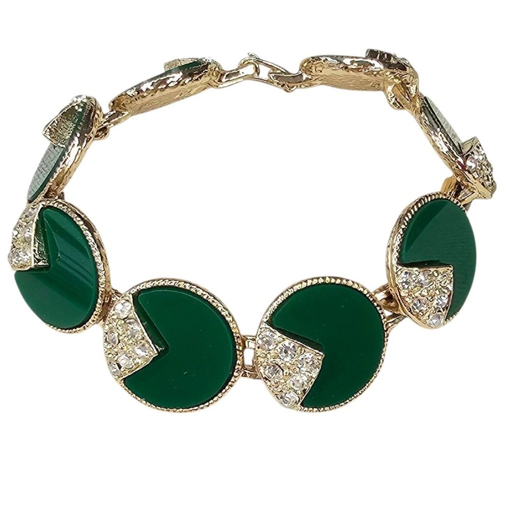 Gold Tone Clear Rhinestone Green Inlay Vintage Mid Century Link Bracelet